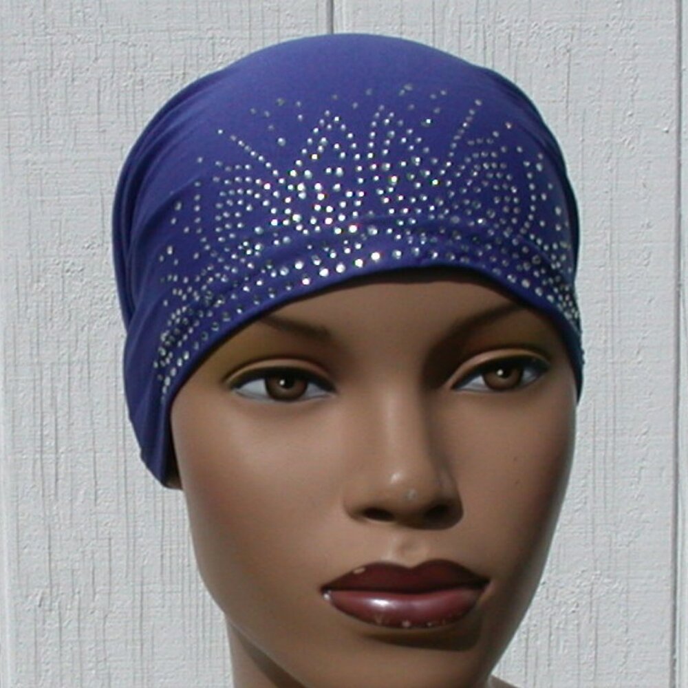 Rhinestone Tie Back Cap Cotton Bonnet Hijab Undercap Blue